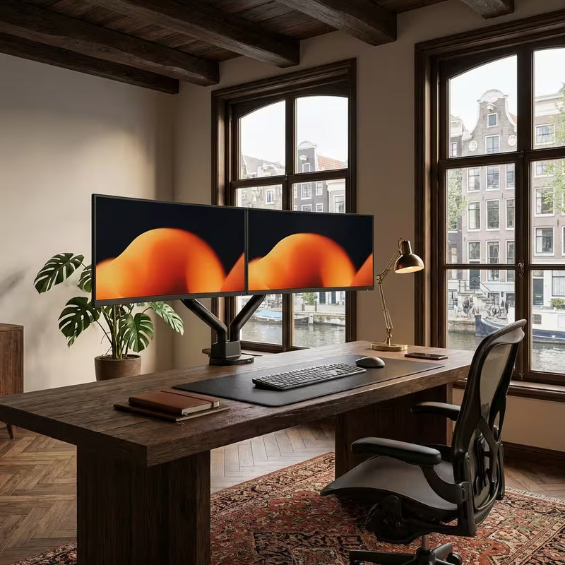 Alberenz Dubbel Monitorarm Gasfjäder - Upp till 35" - Med USB - Svart