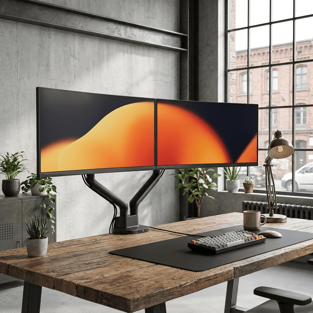 Alberenz Dubbel Monitorarm Gasfjäder - Upp till 35" - Med USB - Svart