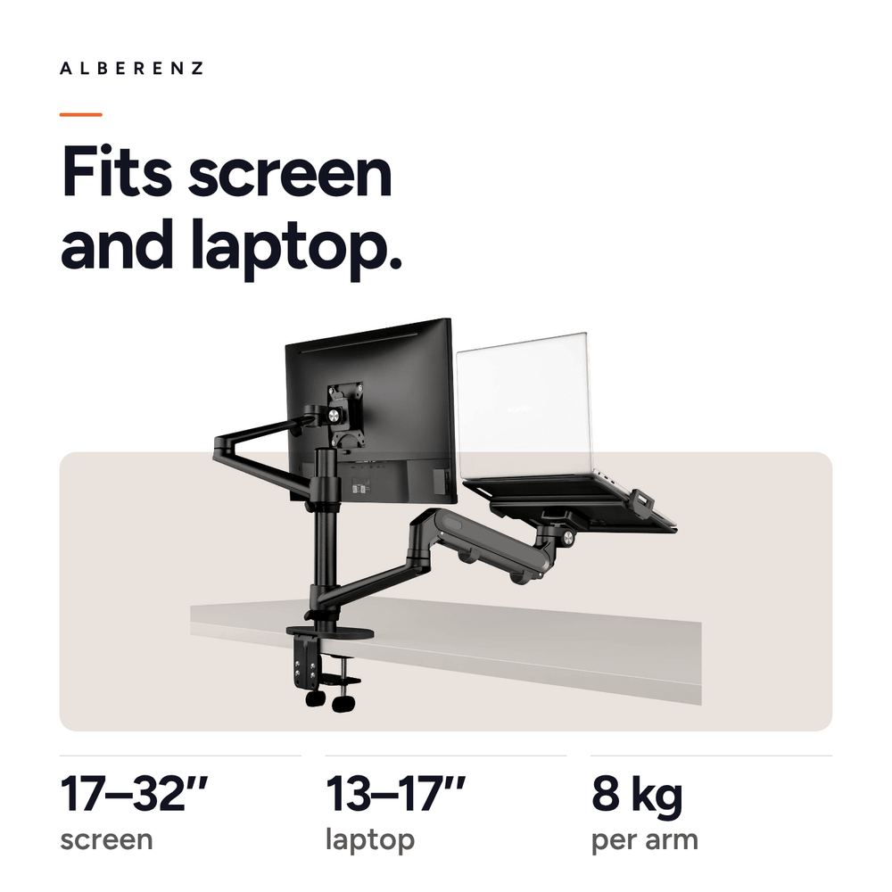 Alberenz® laptopmonitorarm med gasfjäder svart
