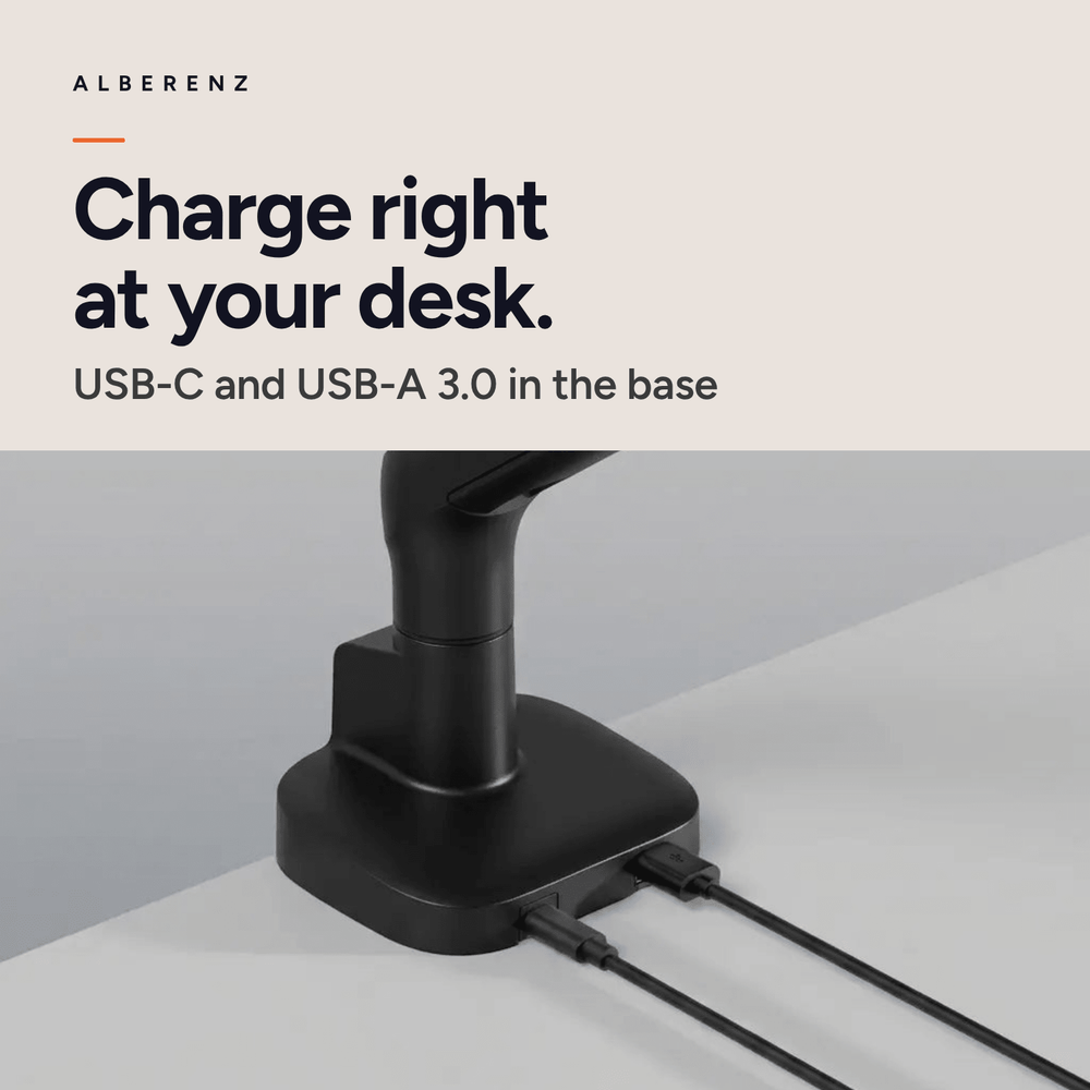 Alberenz single monitor arm gas spring - Up until 40 inch - with USB - Black