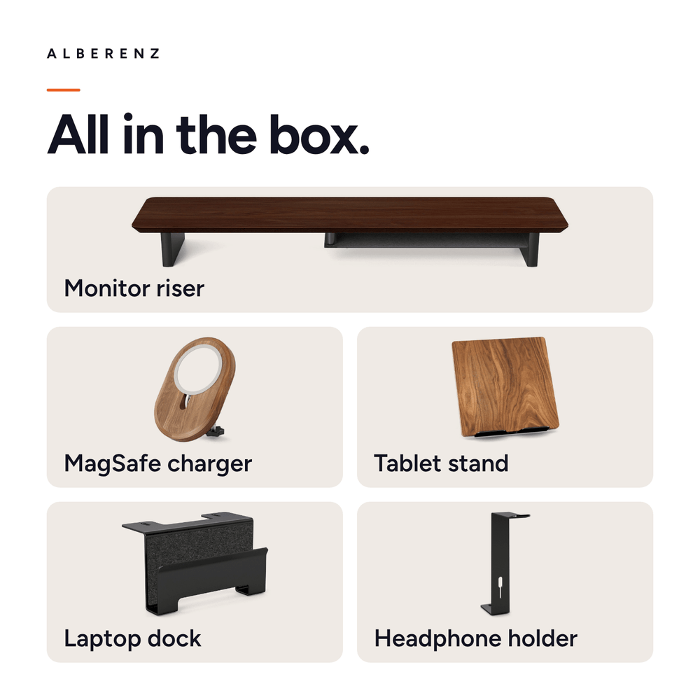 Bundle: Walnut Monitor Riser + MagSafe Charger + Laptop Holder + Tablet Stand + Headphone holder