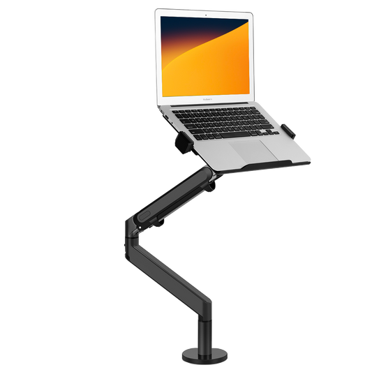 Alberenz dark grey laptop and monitor arm with gas spring mounted on a desk