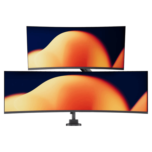 Alberenz Dual Heavy Duty dual monitor arm with two curved screens, front view on a white background