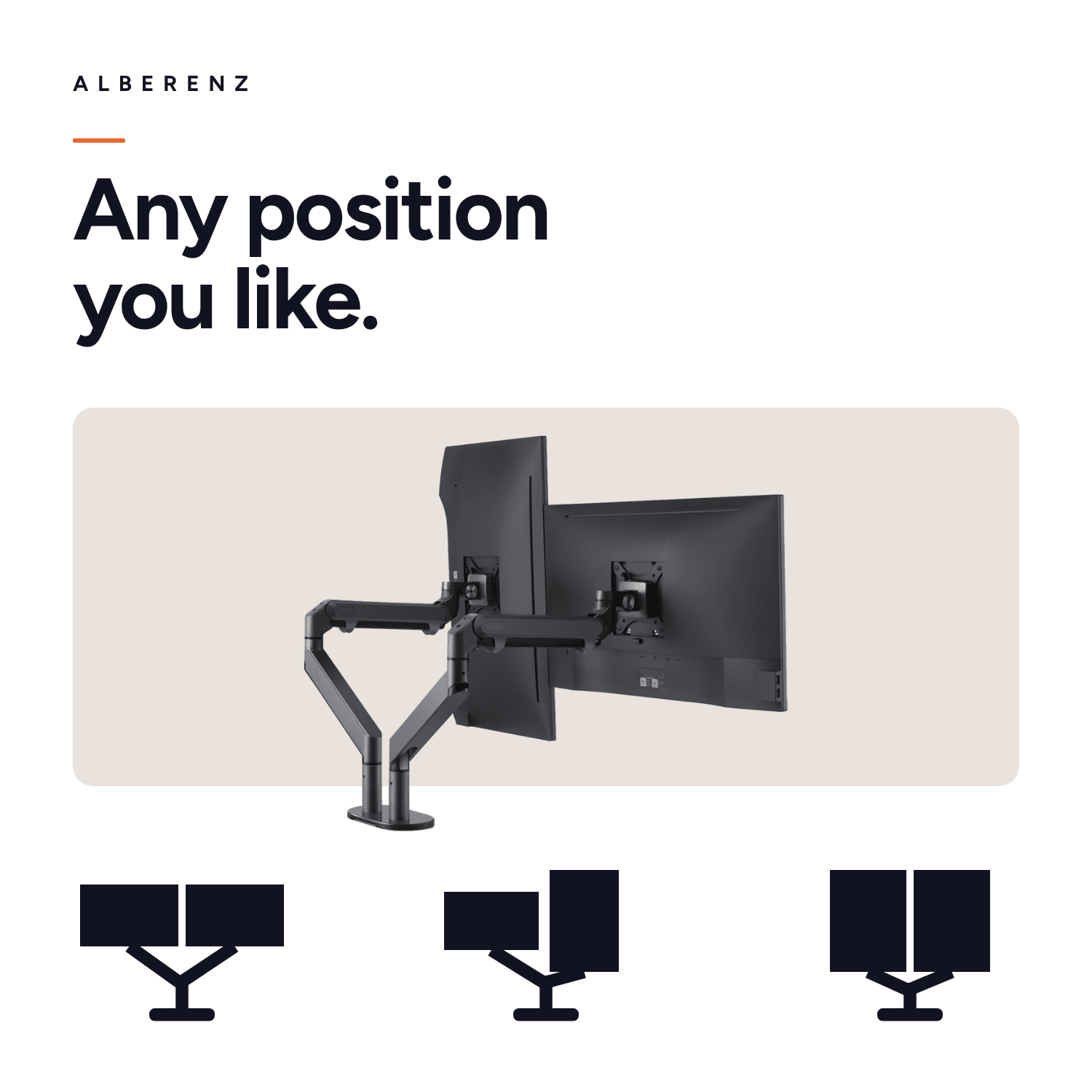 Dual monitor arm Alberenz configurations: landscape, portrait and mixed screen sizes
