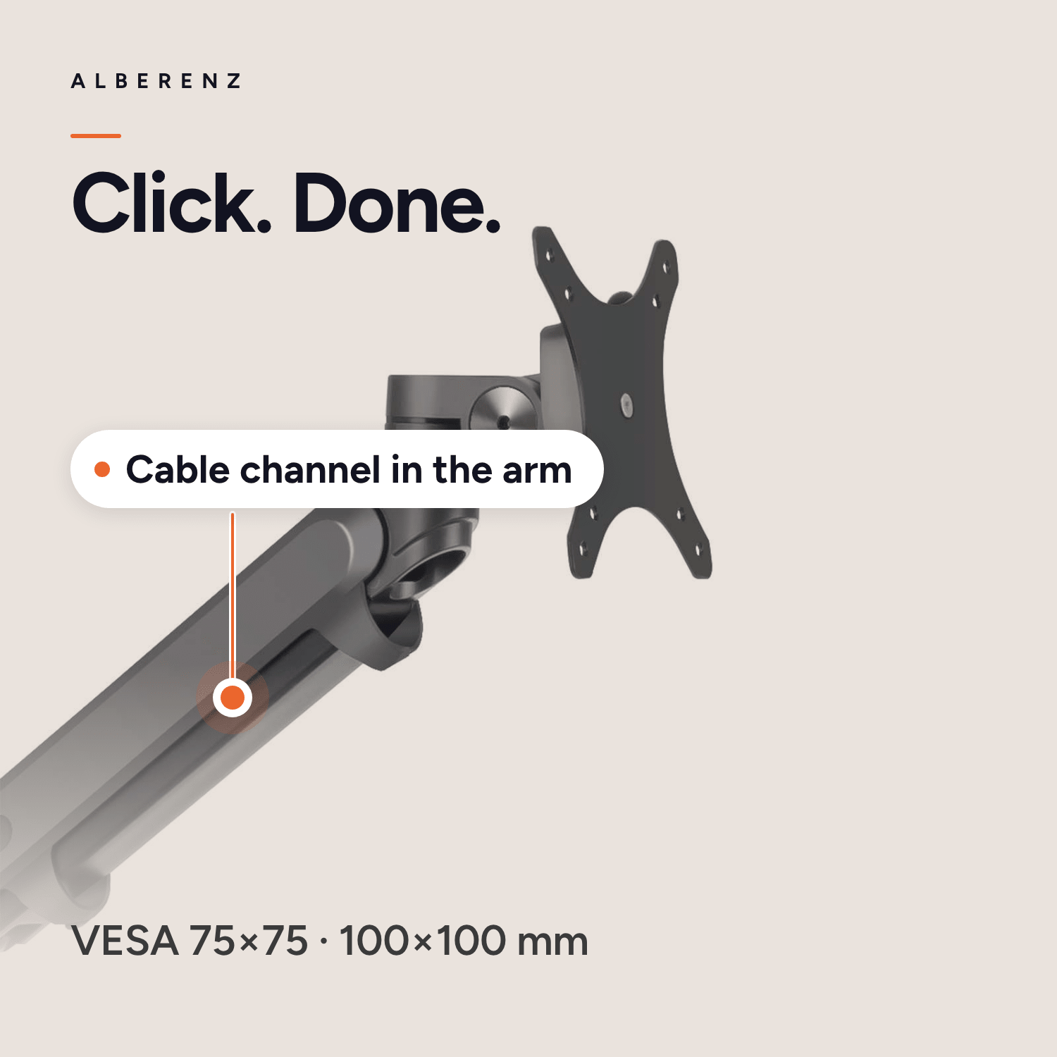 Quick release VESA 75x75 and 100x100 plate of the Alberenz monitor arm with cable channel in the arm