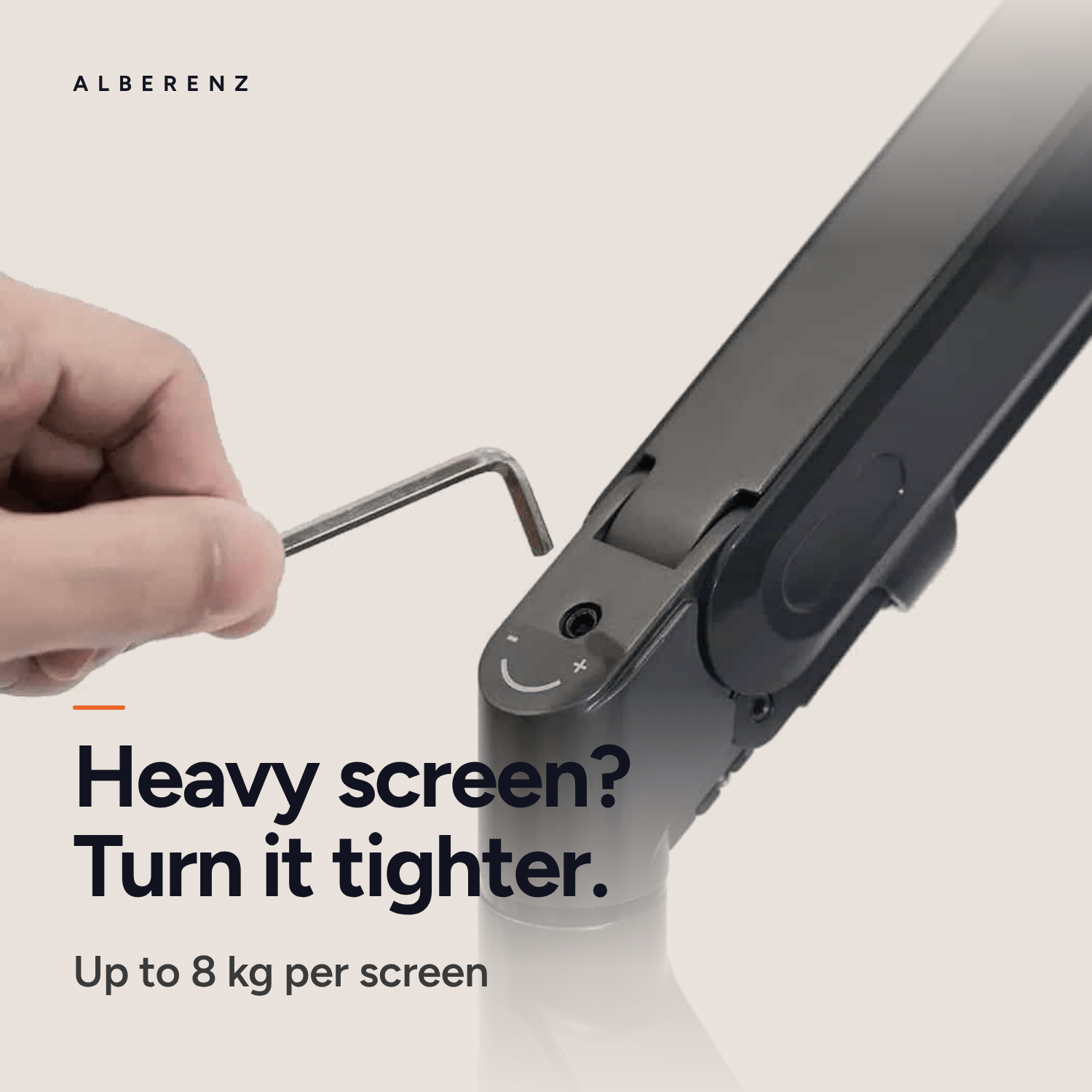 Setting the gas spring tension with the hex key on the Alberenz dual monitor arm, up to 8 kg per screen
