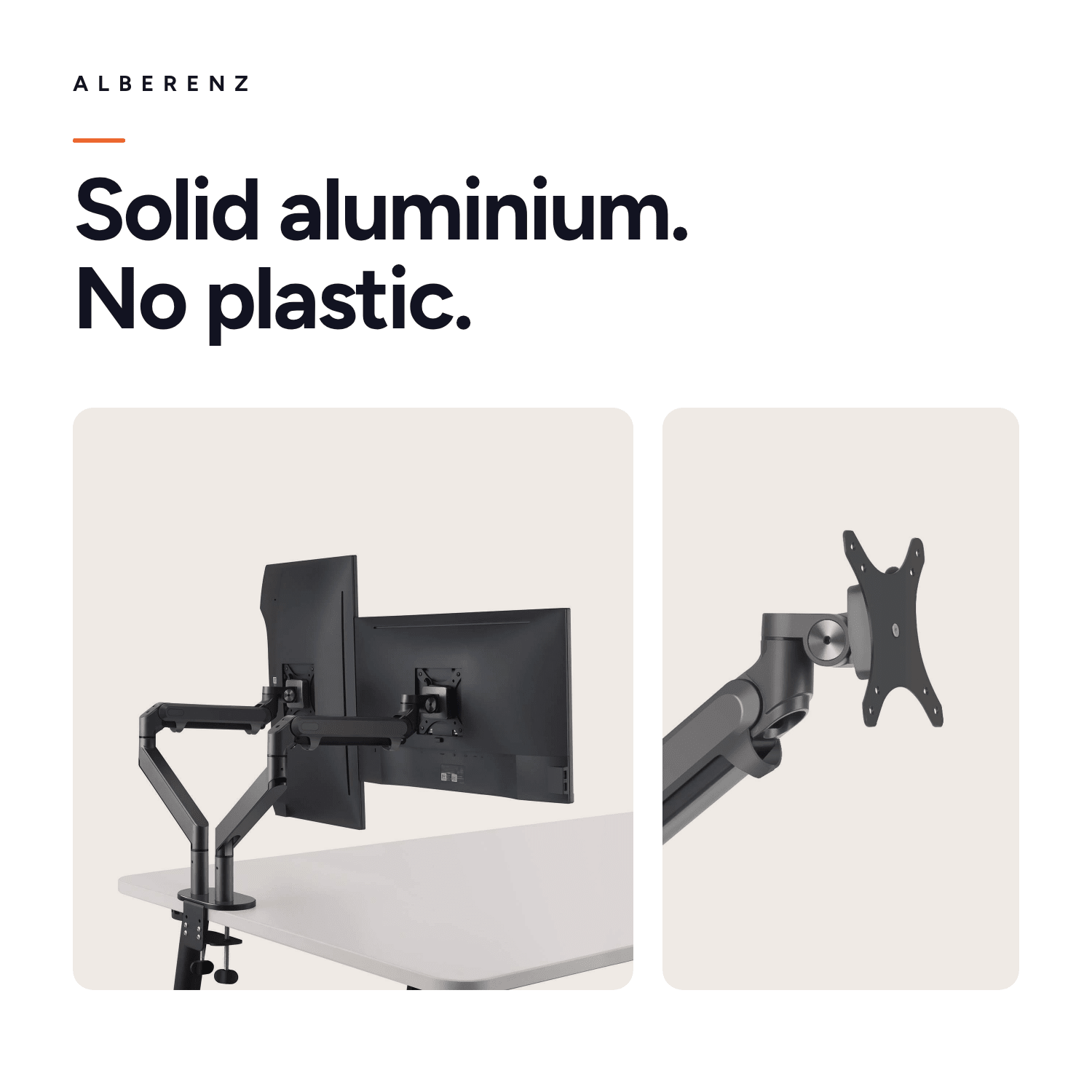 Dark grey aluminium finish of the Alberenz dual monitor arm, hinge and clamp in detail