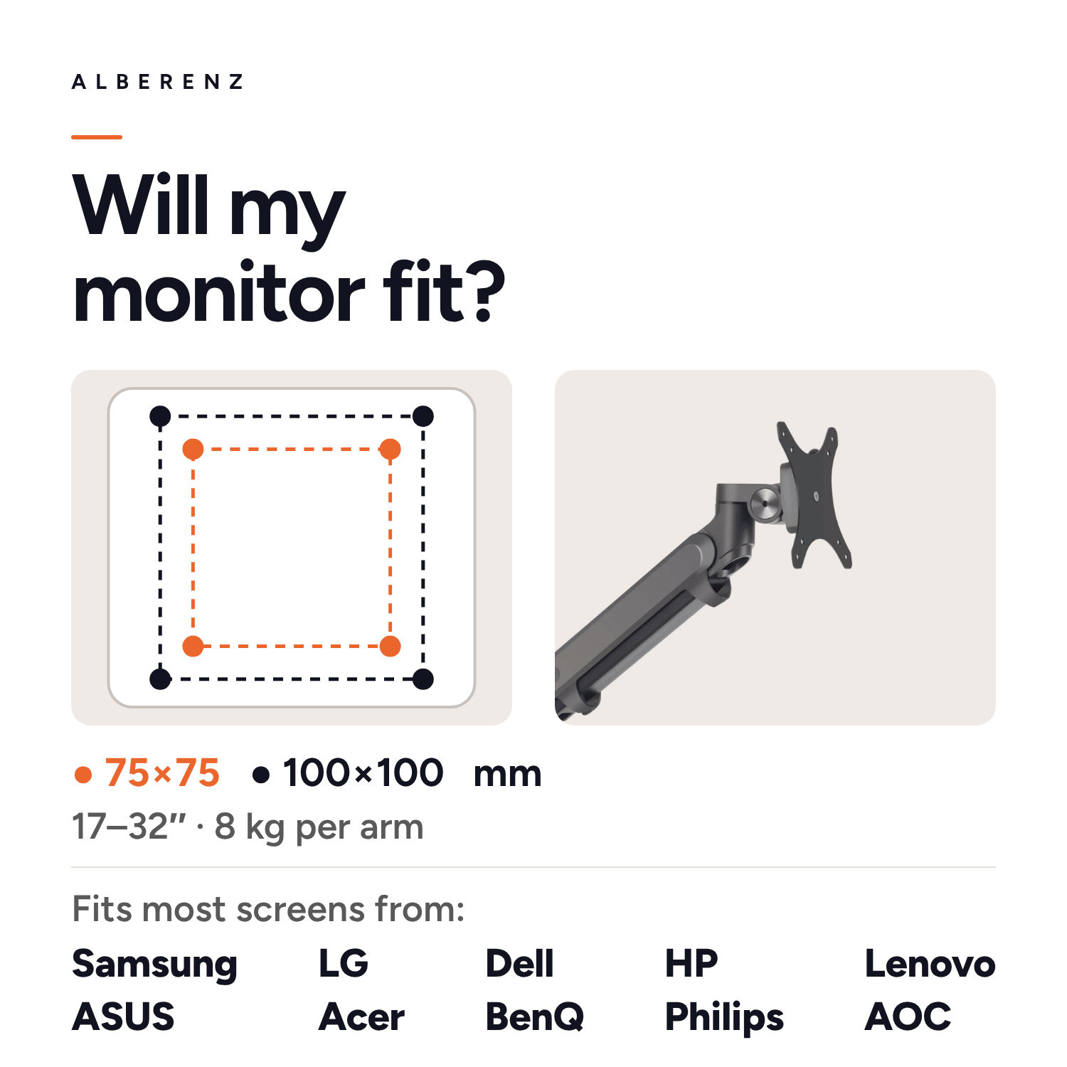 Alberenz dual monitor arm with gas spring, dark grey: fits monitors from Samsung, LG, Dell, HP and more