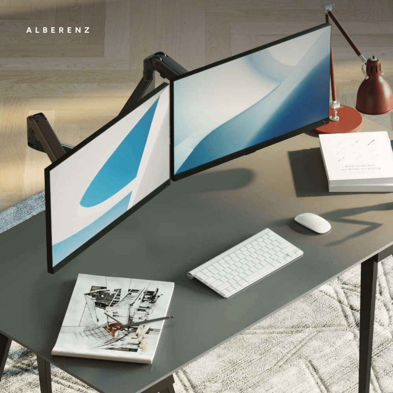 Alberenz dual monitor arm with gas spring, dark grey: on a desk, seen at an angle from above