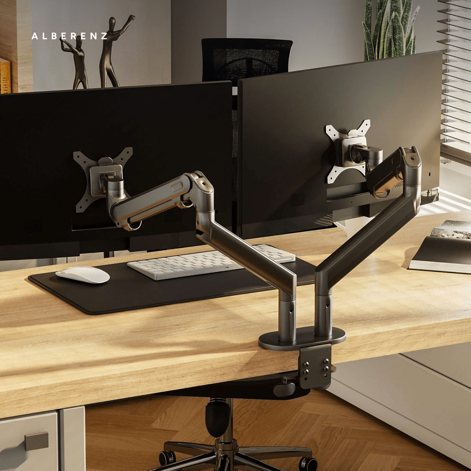 Alberenz dual monitor arm with gas spring, dark grey: in a dark, atmospheric workspace