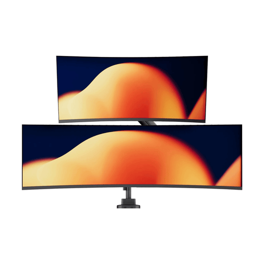 Alberenz heavy duty dual monitor arm with gas spring, black: front view with two ultrawide screens stacked