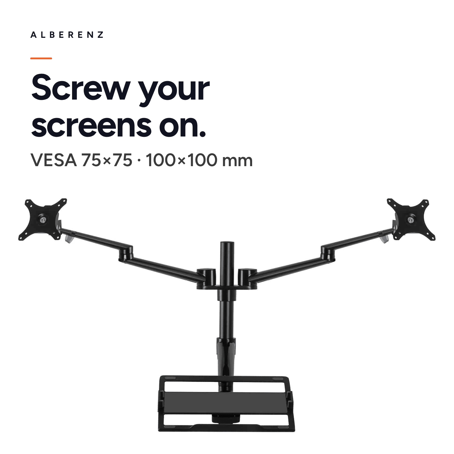 Alberenz dual monitor arm with laptop tray, black: VESA 75x75 and 100x100 mm