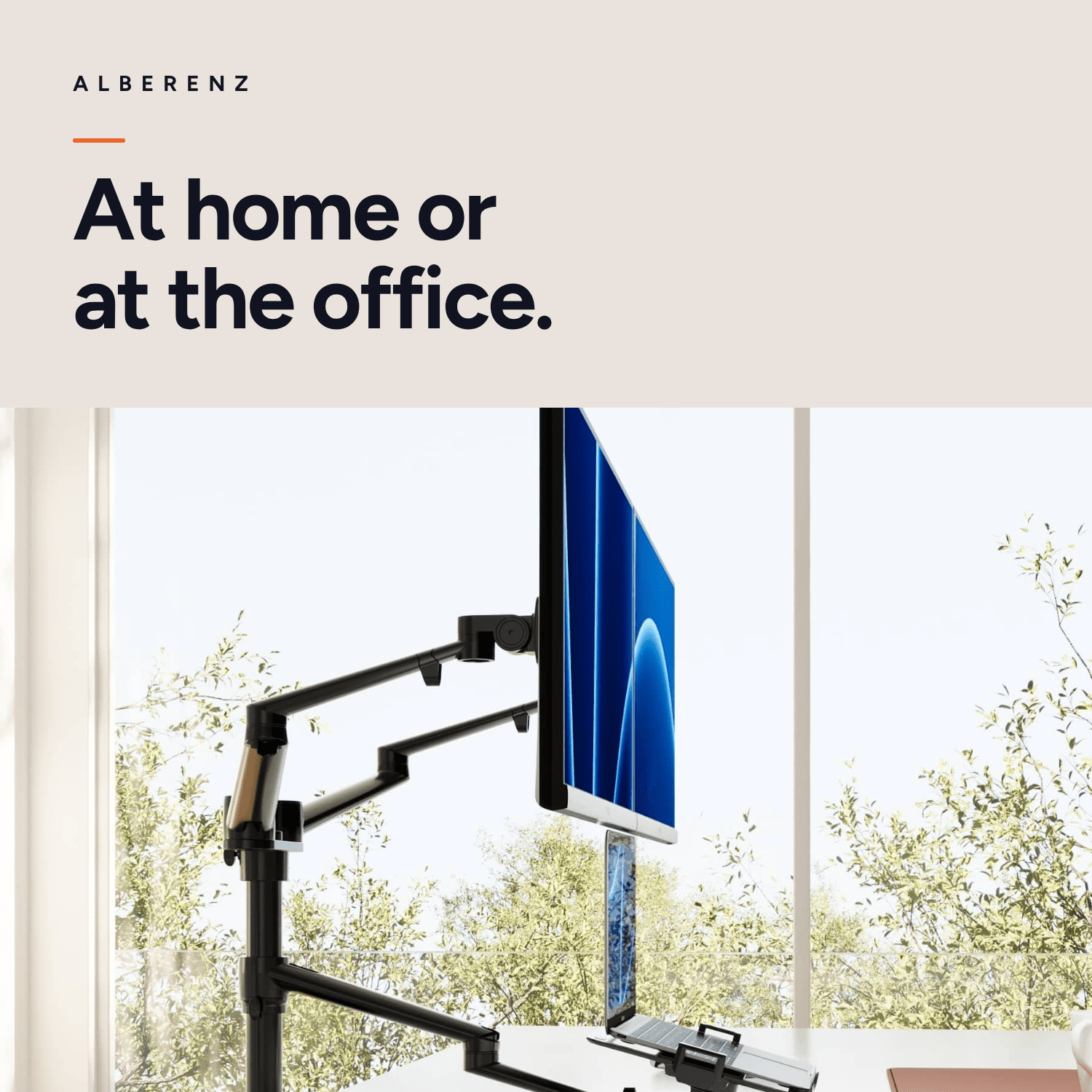 Alberenz dual monitor arm with laptop tray, black: workspace by the window, at home or in the office