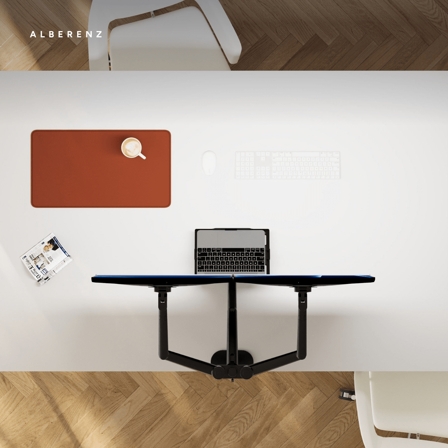 Alberenz dual monitor arm with laptop tray, black: desk setup seen from above