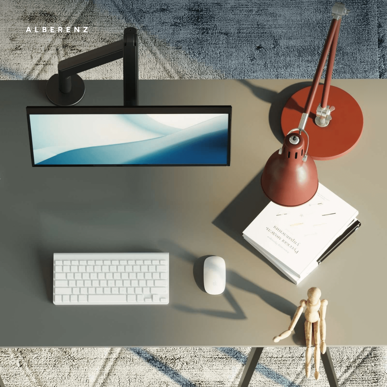 Alberenz gas spring monitor arm, dark grey: desk from above with a wide screen on the arm