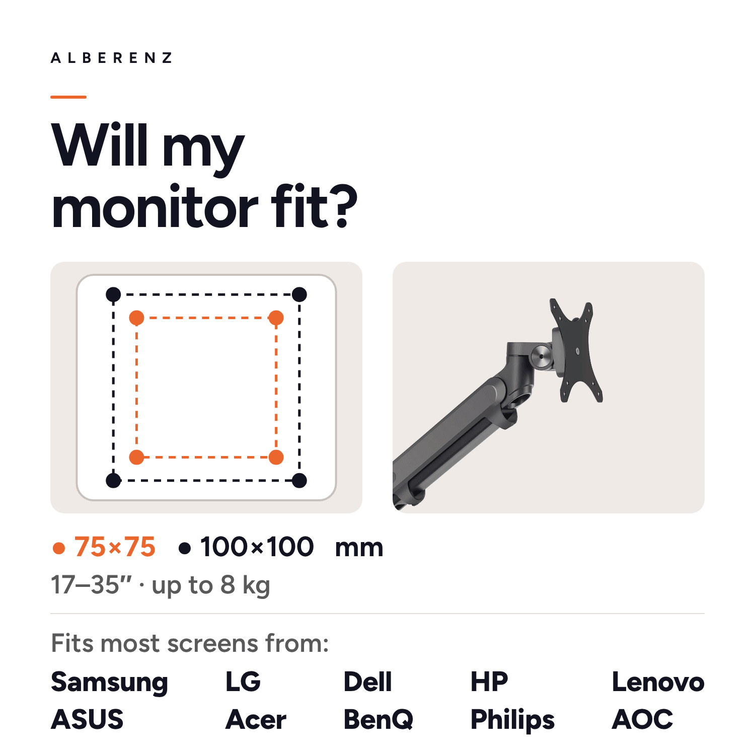 Alberenz gas spring monitor arm, dark grey: fits monitors from Samsung, LG, Dell, HP and more