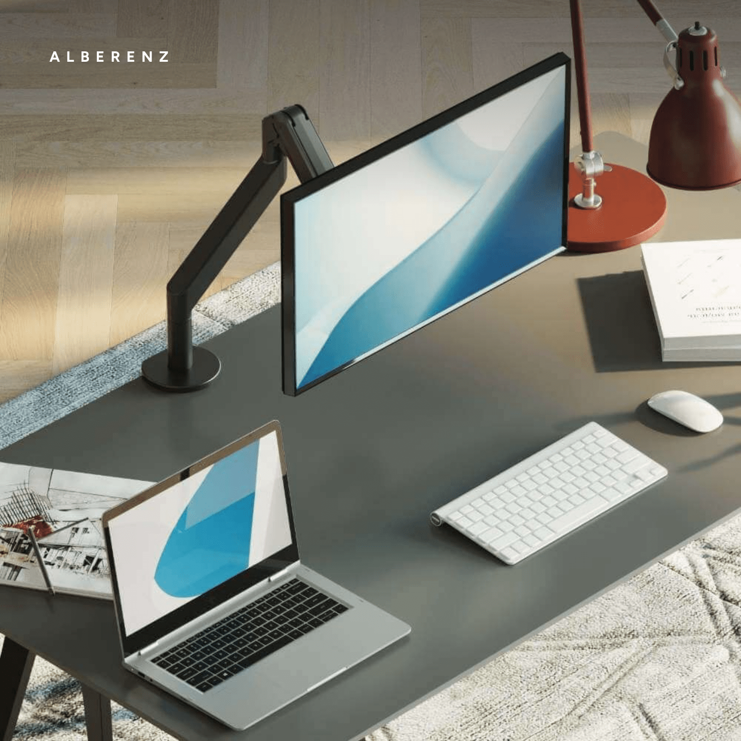 Alberenz gas spring monitor arm, dark grey: on a desk, seen at an angle from above