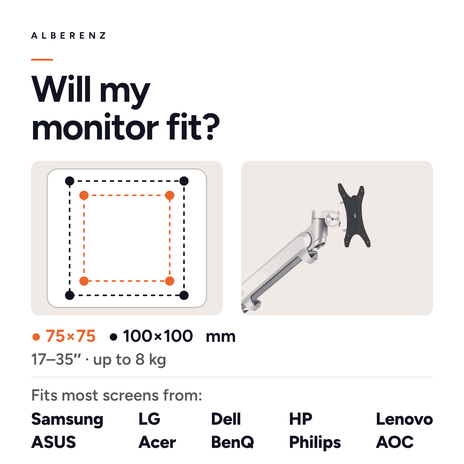 Alberenz gas spring monitor arm, silver: fits monitors from Samsung, LG, Dell, HP and more