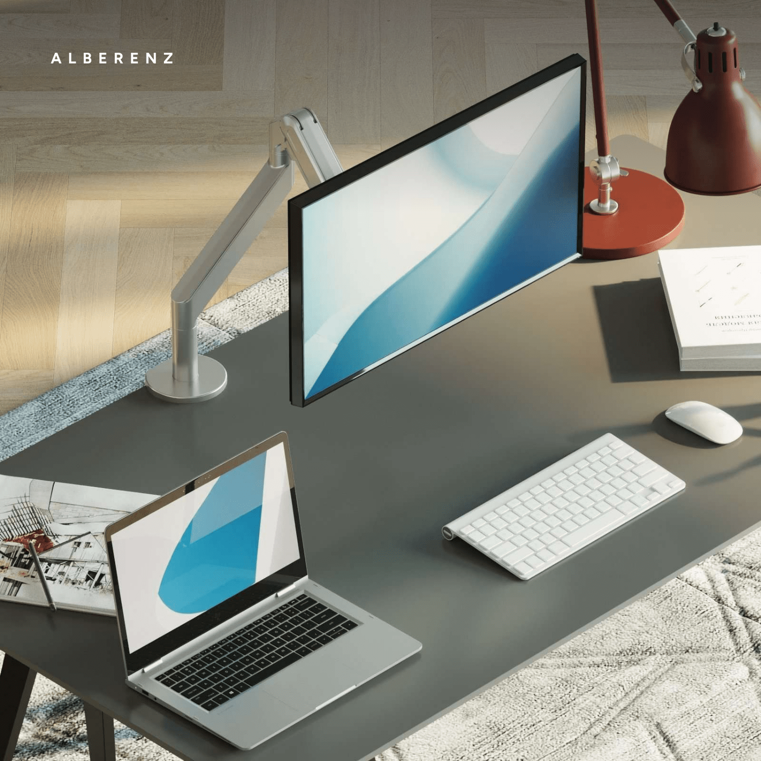 Alberenz gas spring monitor arm, silver: on a desk, seen at an angle from above
