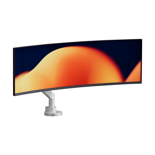 Alberenz heavy duty monitor arm with gas spring, white: front view with an ultrawide screen