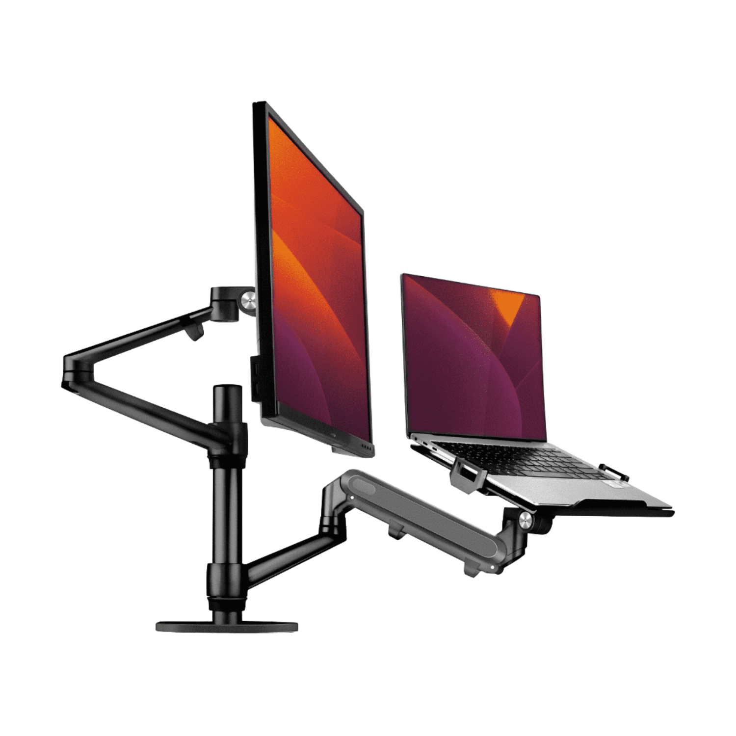 Alberenz laptop and monitor arm with gas spring, black, for a 17 to 32 inch monitor and a 13 to 17 inch laptop, front view