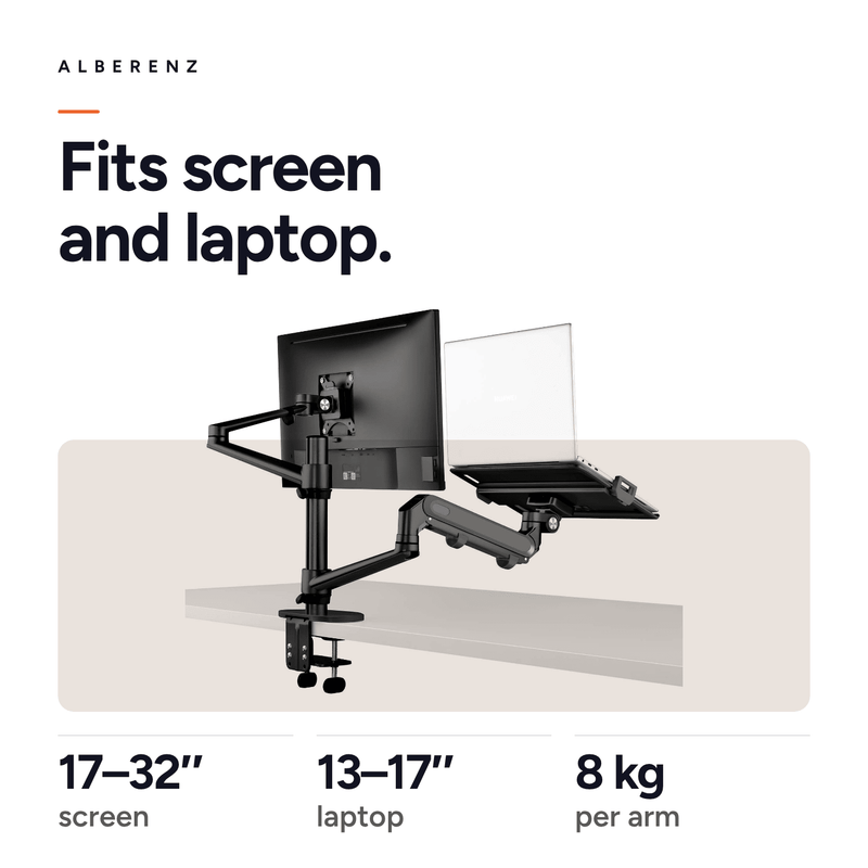 Alberenz® laptopmonitorarm med gasfjäder svart