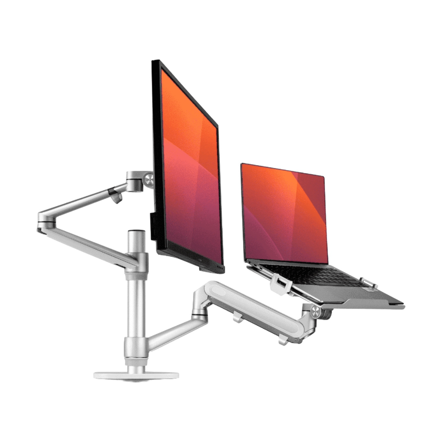 Alberenz laptop and monitor arm with gas spring, silver, for a 17 to 32 inch monitor and a 13 to 17 inch laptop, front view