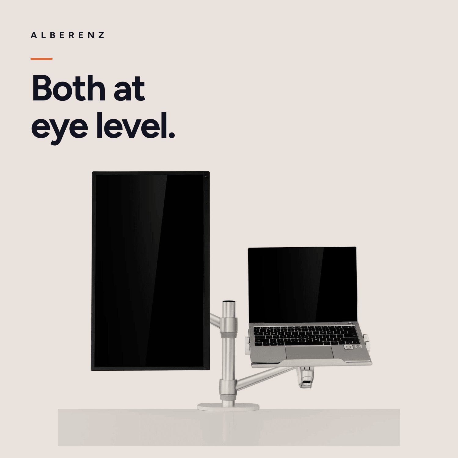 Laptop monitor arm Alberenz with laptop and screen at eye level for an ergonomic workstation