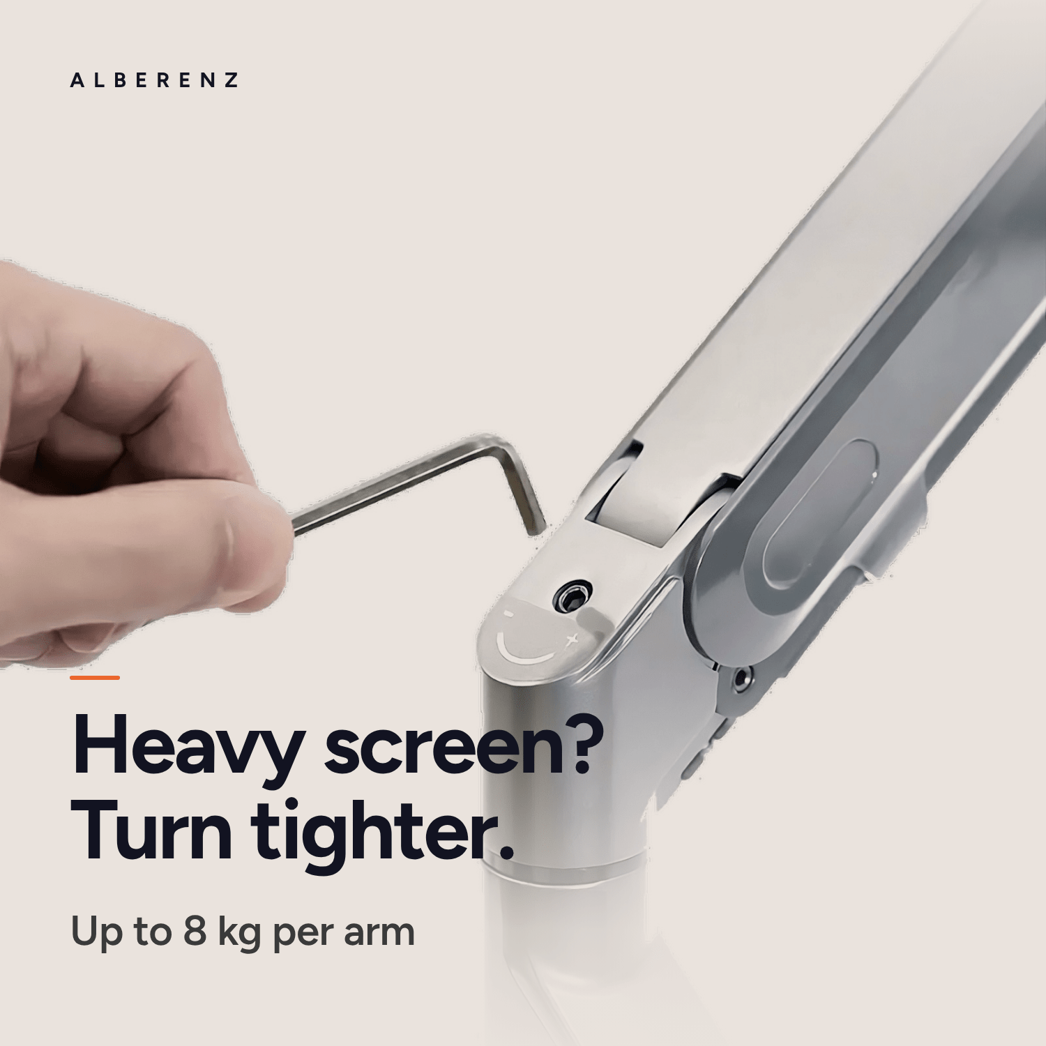 Setting the gas spring tension with the hex key on the Alberenz laptop and monitor arm, up to 8 kg per arm