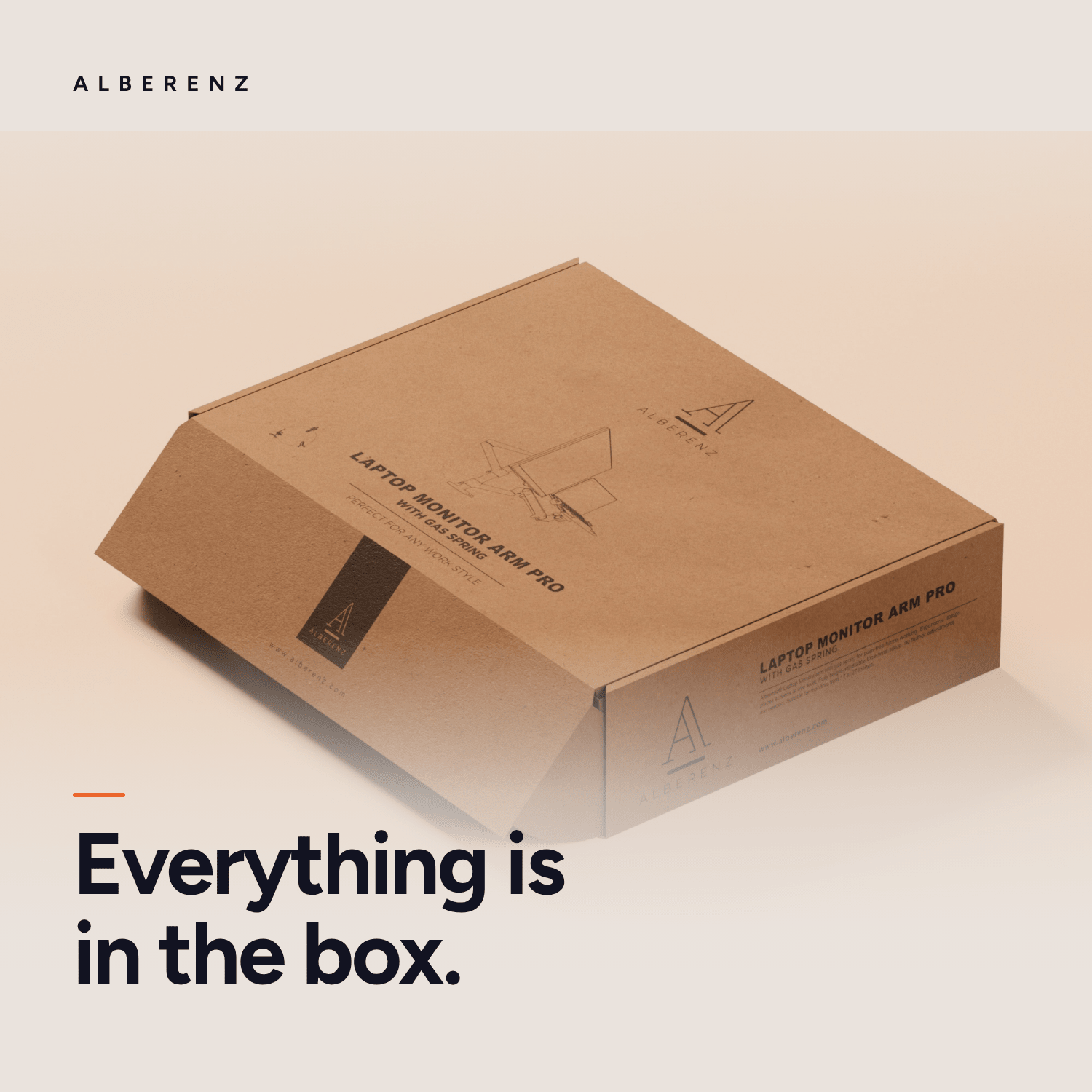 Box of the Alberenz laptop and monitor arm with gas spring, mounting hardware and hex key included