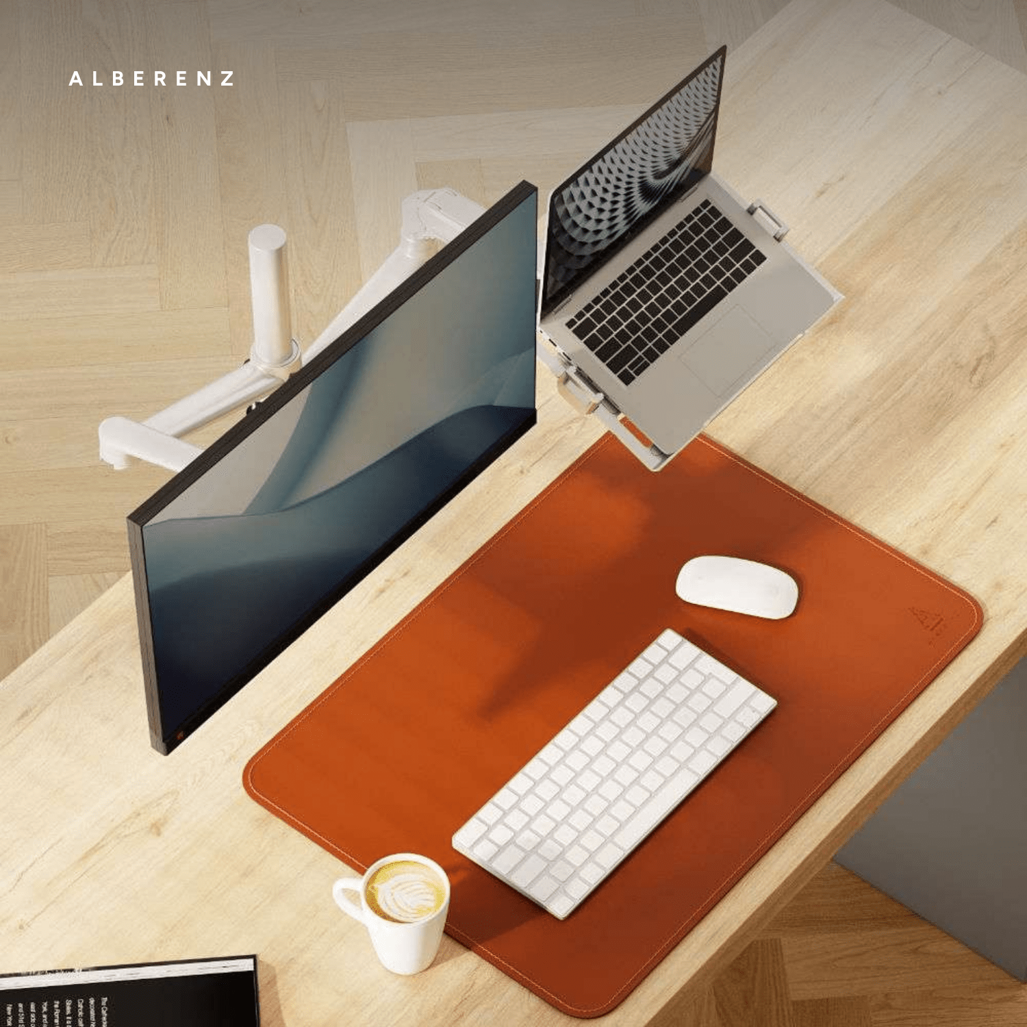 Alberenz laptop and monitor arm with gas spring, silver: desk setup seen from above