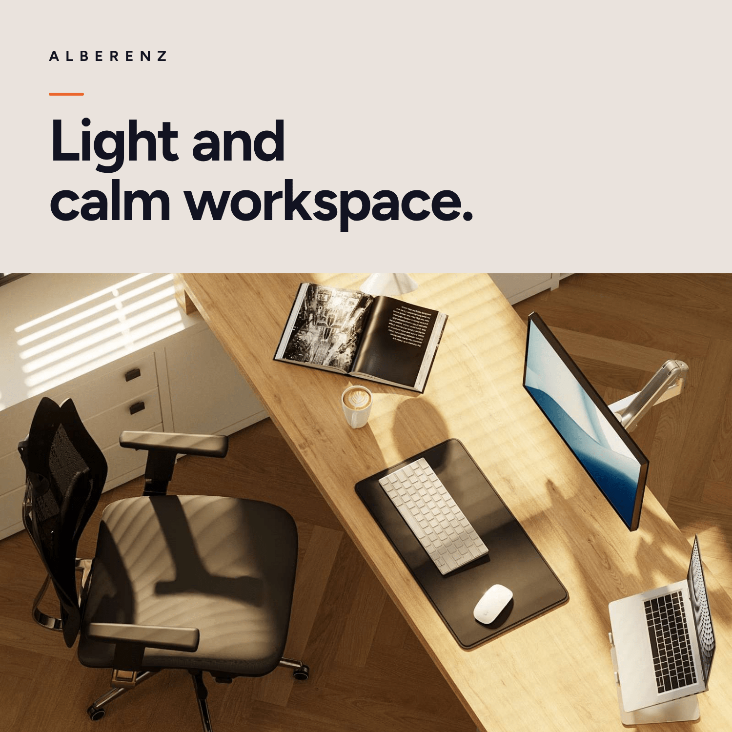 Alberenz gas spring monitor arm silver with oak monitor riser: bright workspace with the silver monitor arm