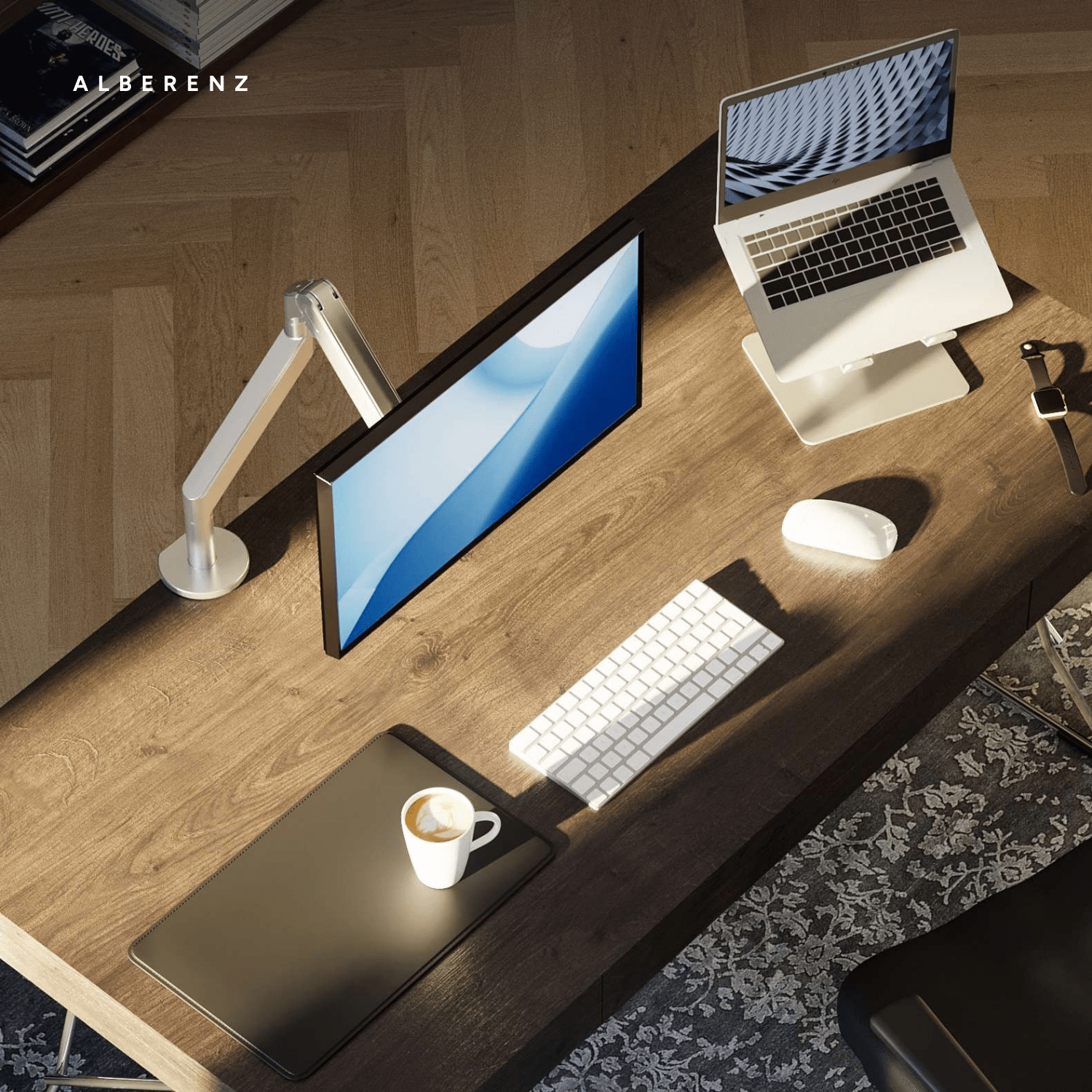 Alberenz gas spring monitor arm silver with oak monitor riser: desk scene seen from above