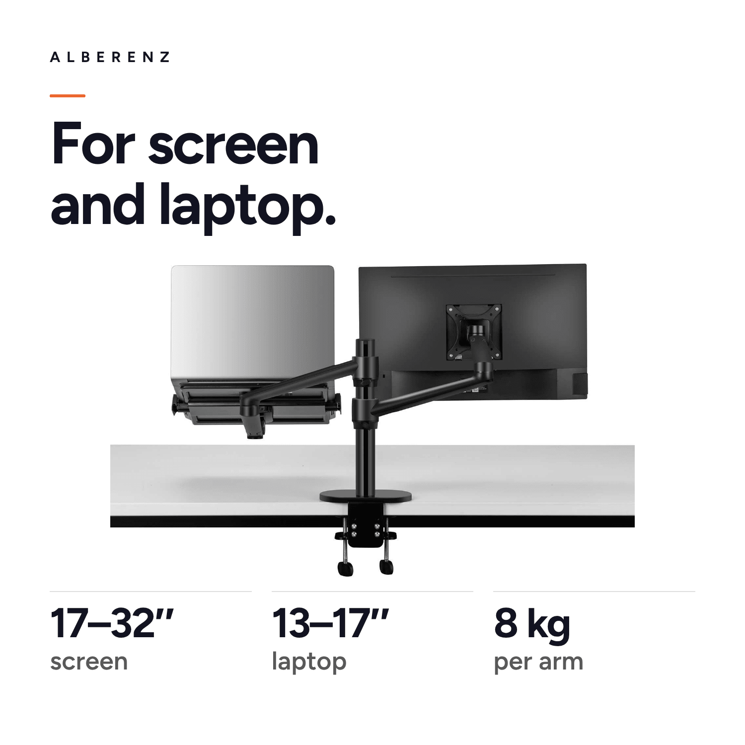 Alberenz monitor arm with laptop tray, black: for 17 to 32 inch screens and 13 to 17 inch laptops, 8 kg per arm