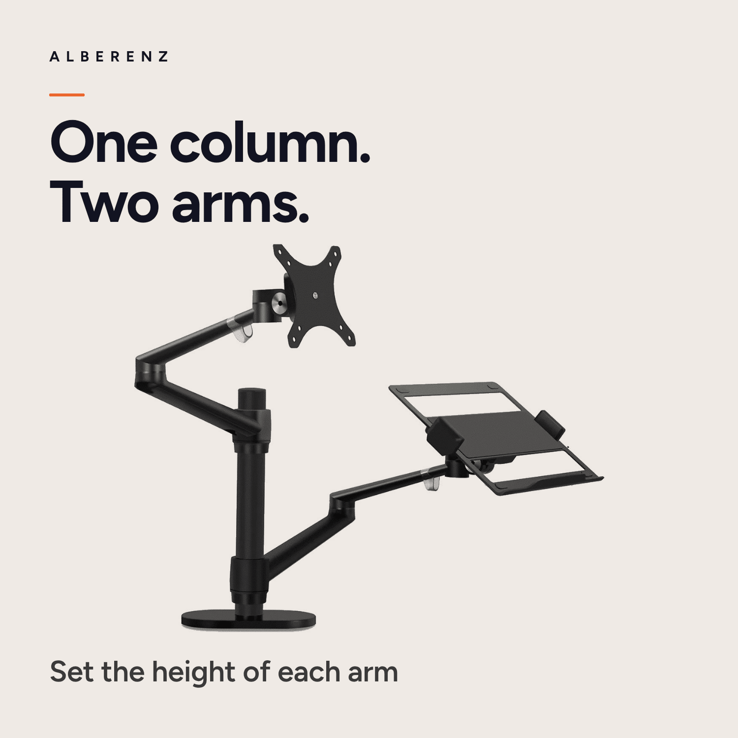 Alberenz monitor arm with laptop tray, black: one column with two arms, height set per arm