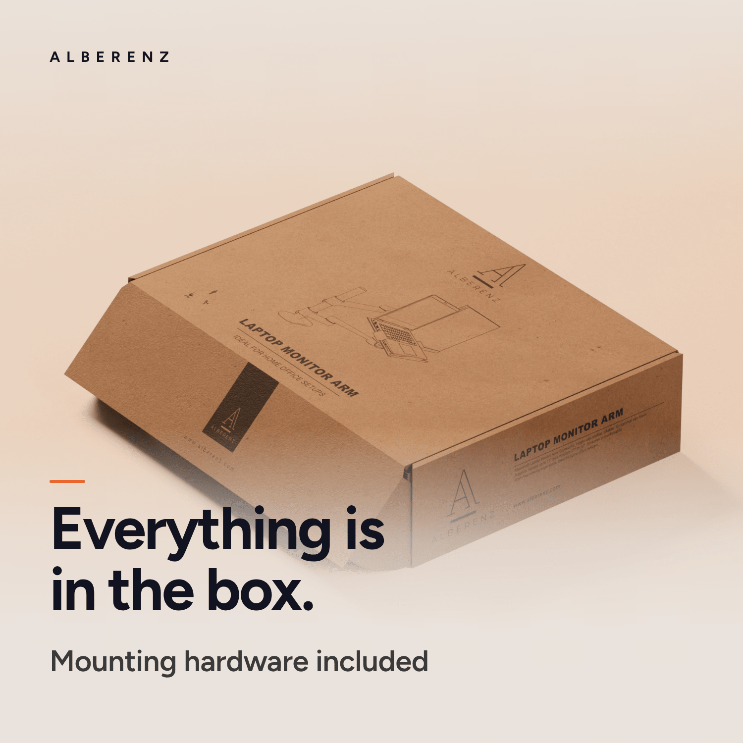 Alberenz monitor arm with laptop tray, black: box with mounting hardware