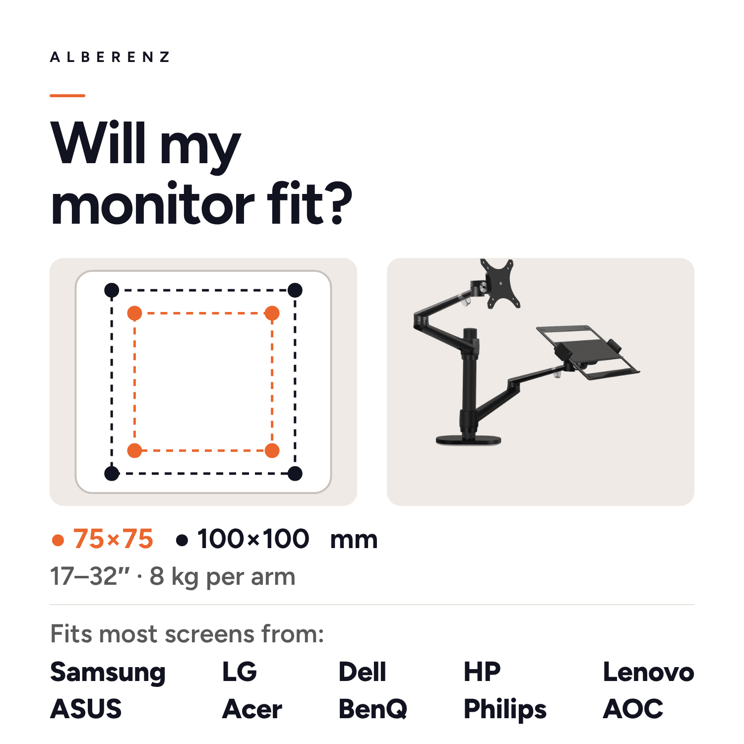 Alberenz monitor arm with laptop tray, black: fits monitors from Samsung, LG, Dell, HP and more