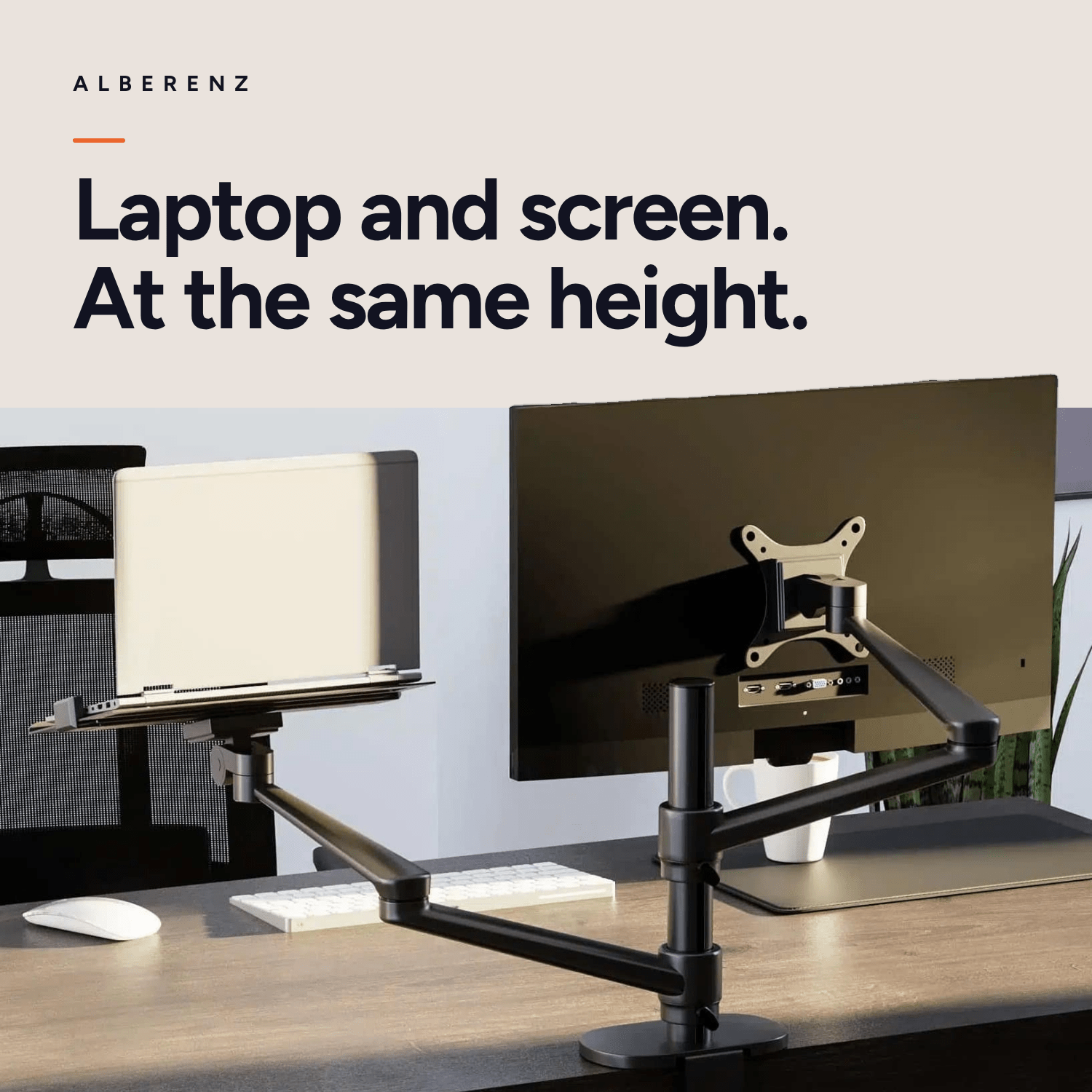 Alberenz monitor arm with laptop tray, black: laptop and screen at the same height