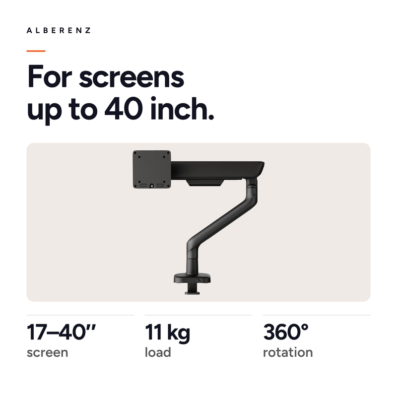 Alberenz single monitor arm gas spring - Up until 40 inch - with USB - Black