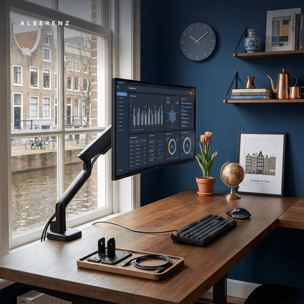 Alberenz single monitor arm gas spring - Up until 40 inch - with USB - Black
