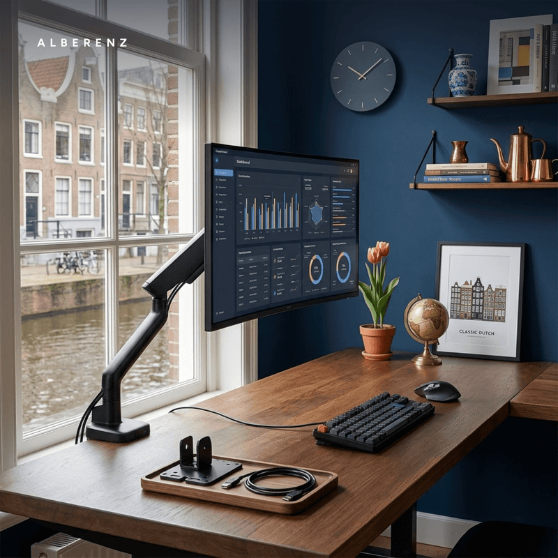 Alberenz single monitor arm gas spring - Up until 40 inch - with USB - Black