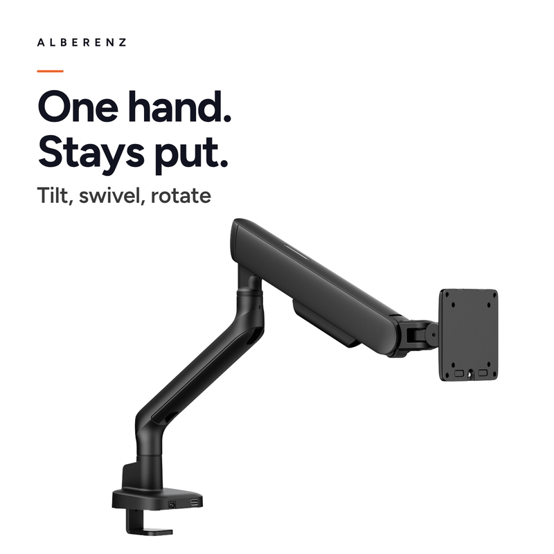 Alberenz single monitor arm gas spring - Up until 40 inch - with USB - Black