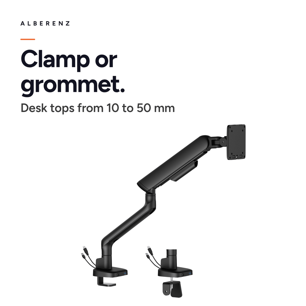 Alberenz single monitor arm gas spring - Up until 40 inch - with USB - Black