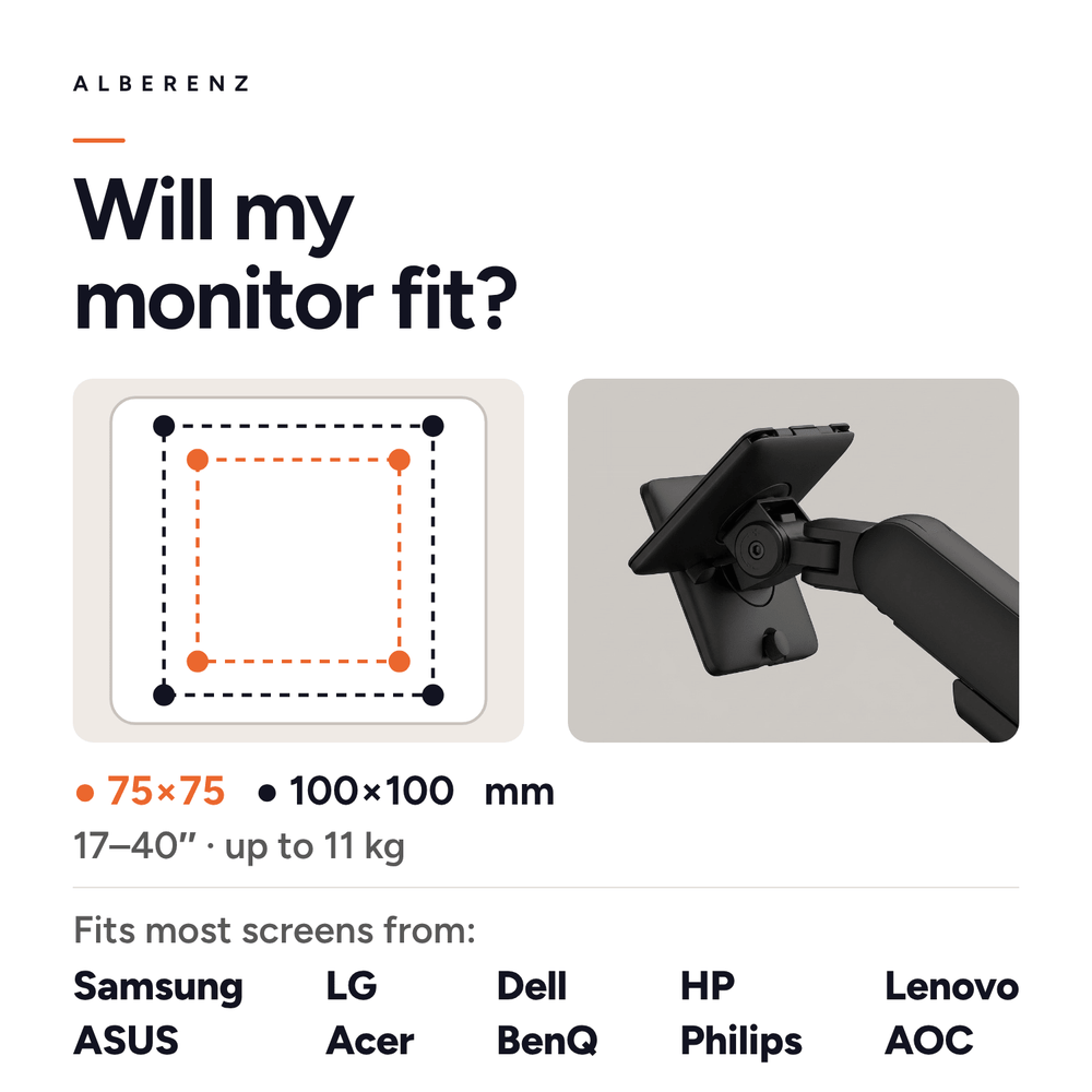 Alberenz single monitor arm gas spring - Up until 40 inch - with USB - Black