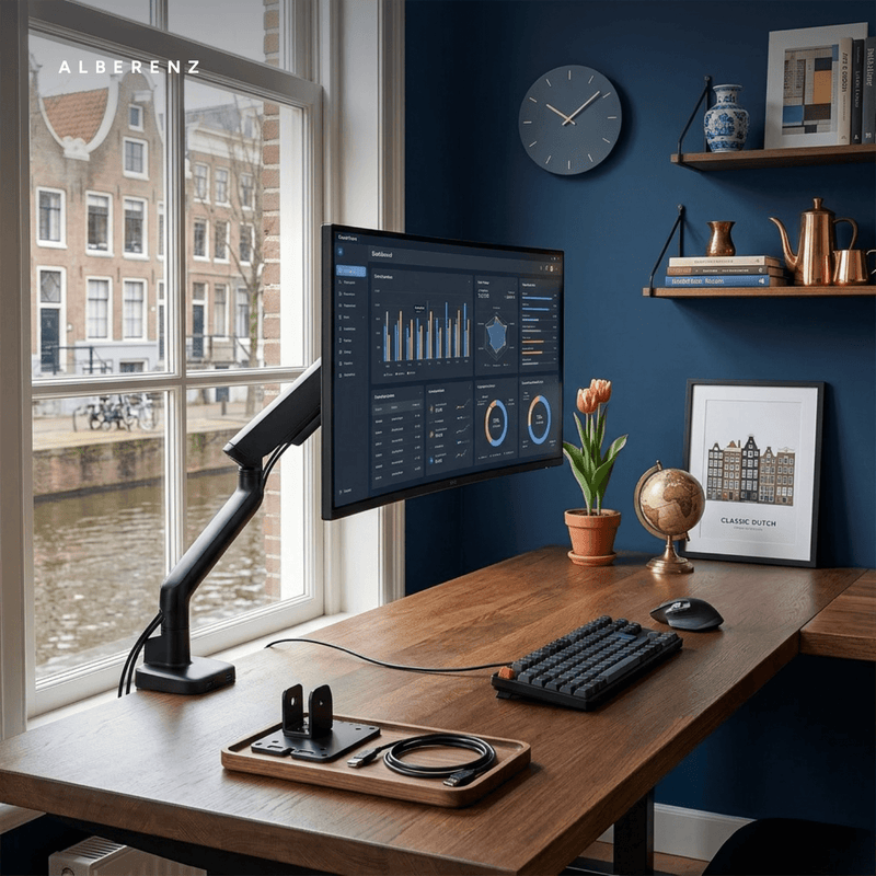 Alberenz single monitor arm gas spring - Up until 40 inch - with USB - Black