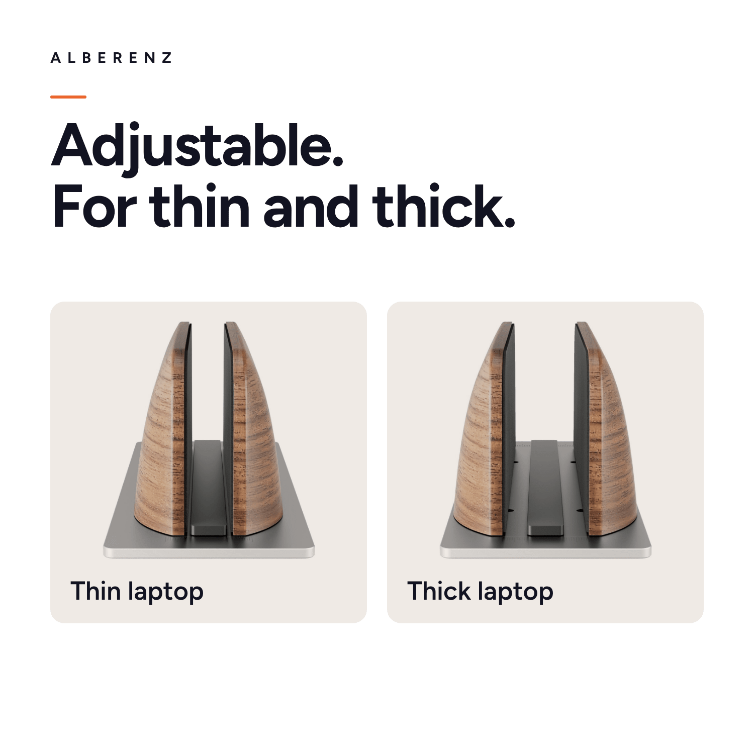 Alberenz vertical laptop stand in walnut: adjustable for thin and thick laptops