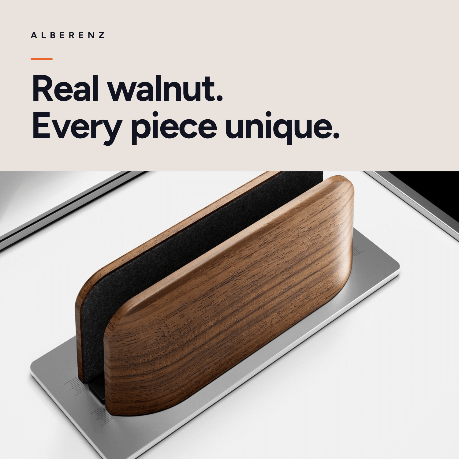 Alberenz vertical laptop stand in walnut: real walnut grain close up