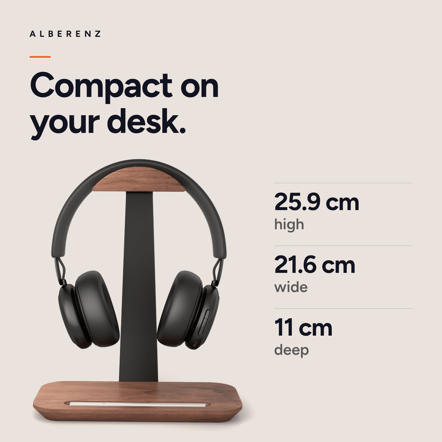 Alberenz walnut headphone stand with pen holder: size 25.9 cm high, 21.6 cm wide and 11 cm deep