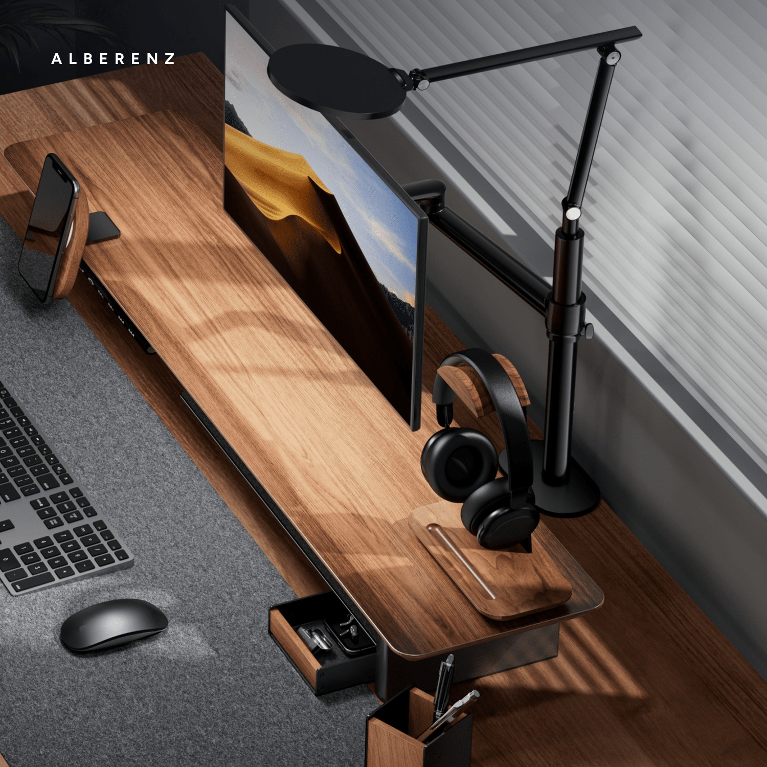 Alberenz walnut headphone stand with pen holder: desk setup seen from above