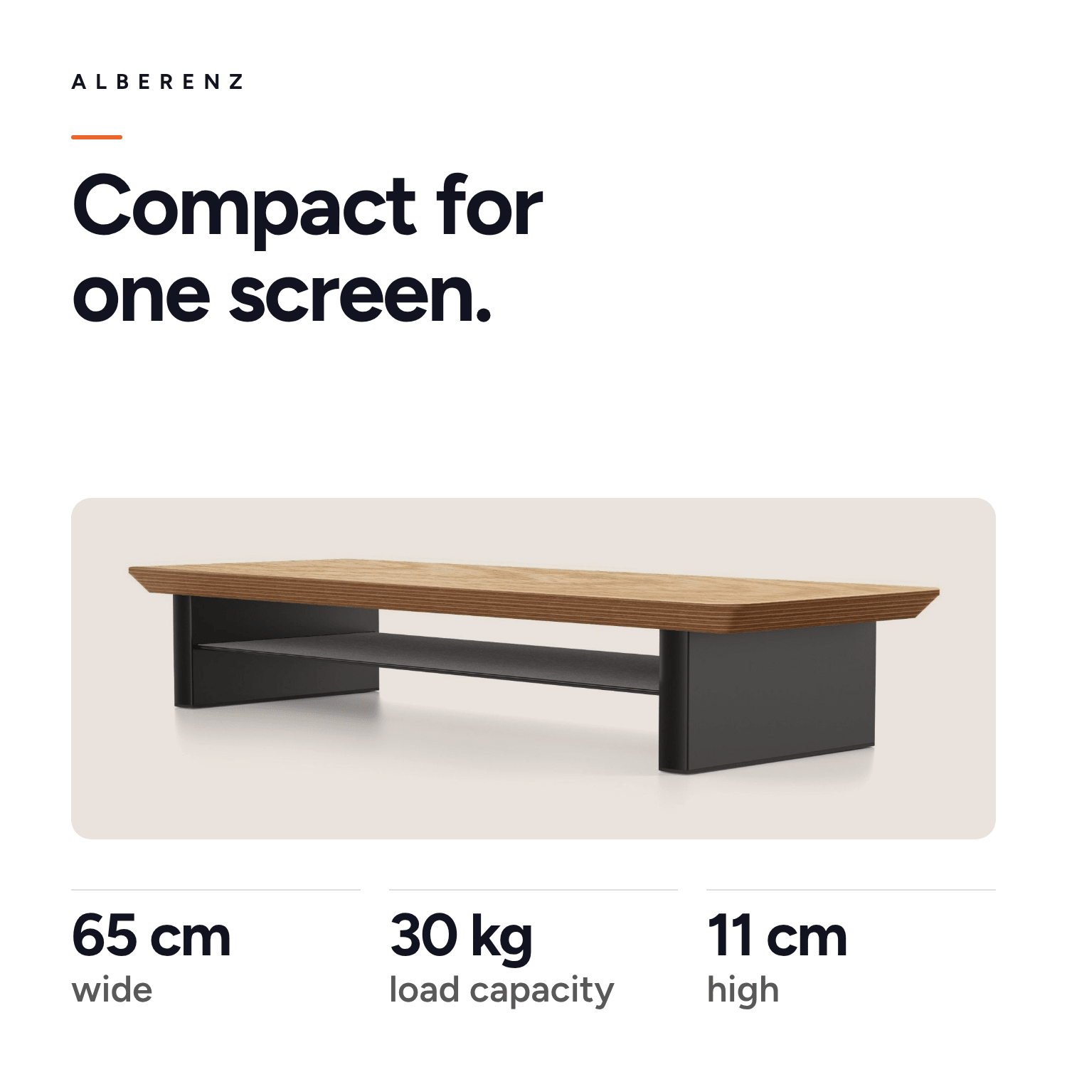 Alberenz oak monitor riser for one screen: 65 cm wide, 30 kg load capacity, 11 cm high